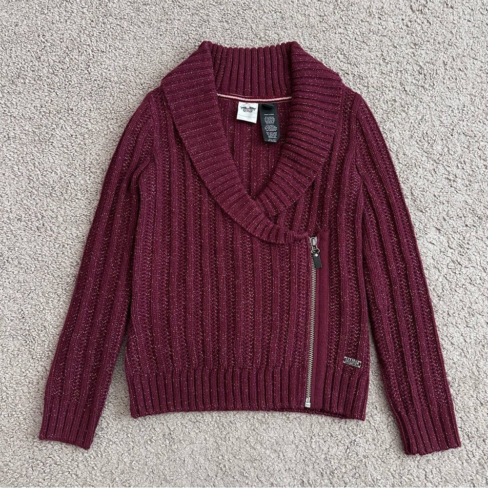 Harley-Davidson Womens S Burgundy Shawl Collar Moto Zip Sweater Cardigan